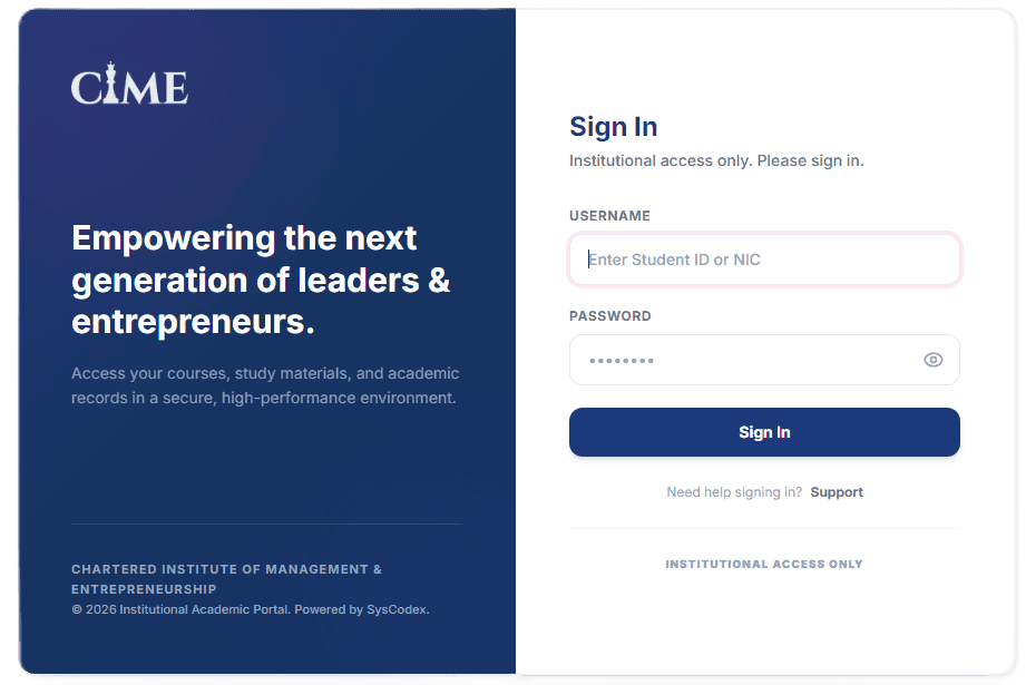 CIME LMS sign-in screen